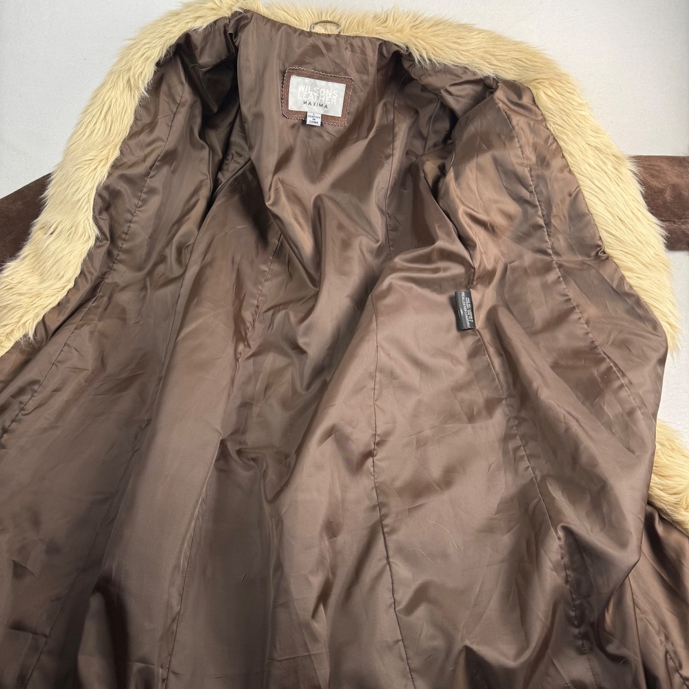 Wilsons Leather Maxima Brown Suede Faux Fur Trim Penny Lane Coat Womens Large - Picture 4 of 7